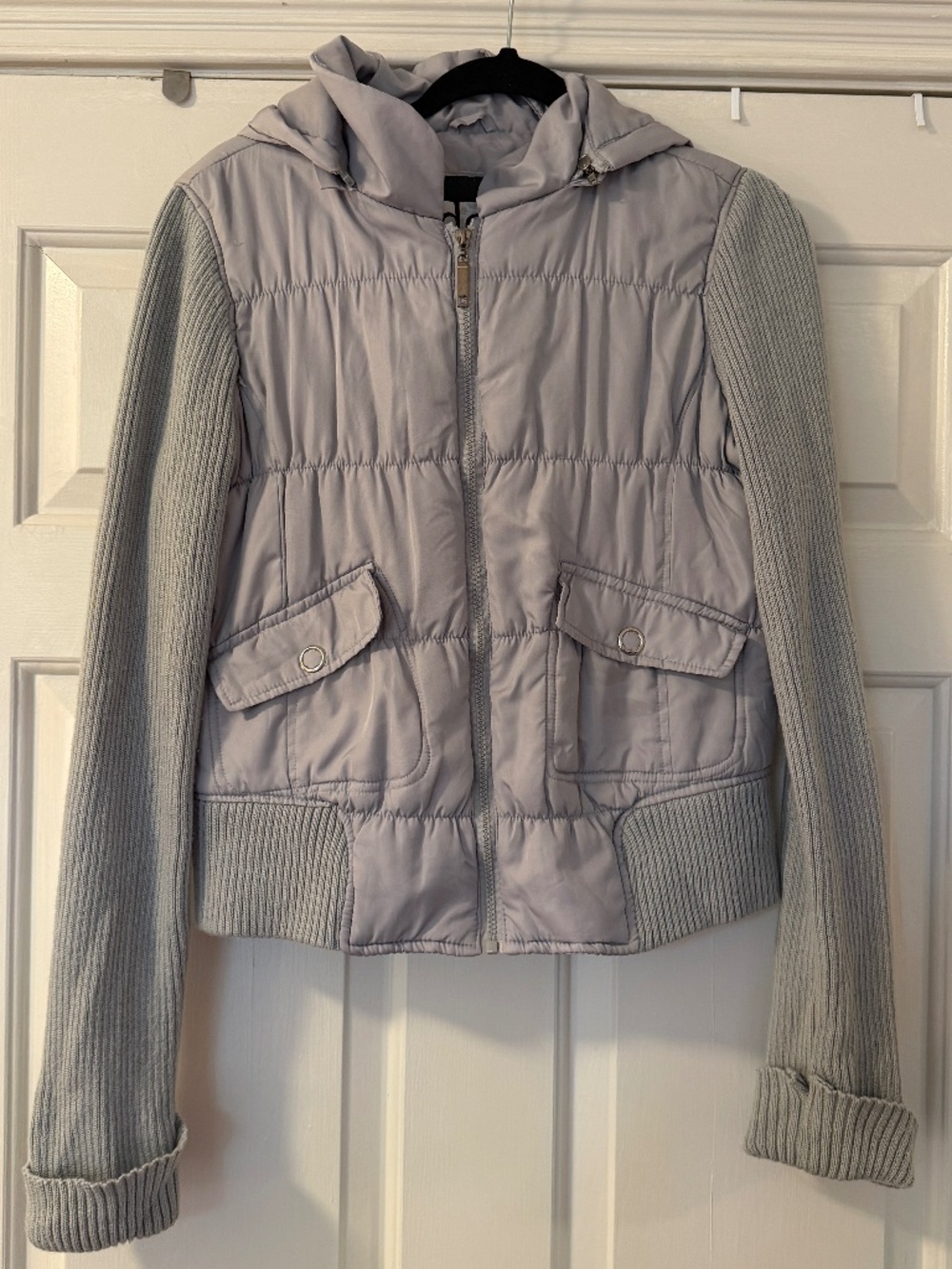 Vintage Y2K Deb Grey Cropped Puffer Jacket Knit Sweater Sleeves Women's L Gray